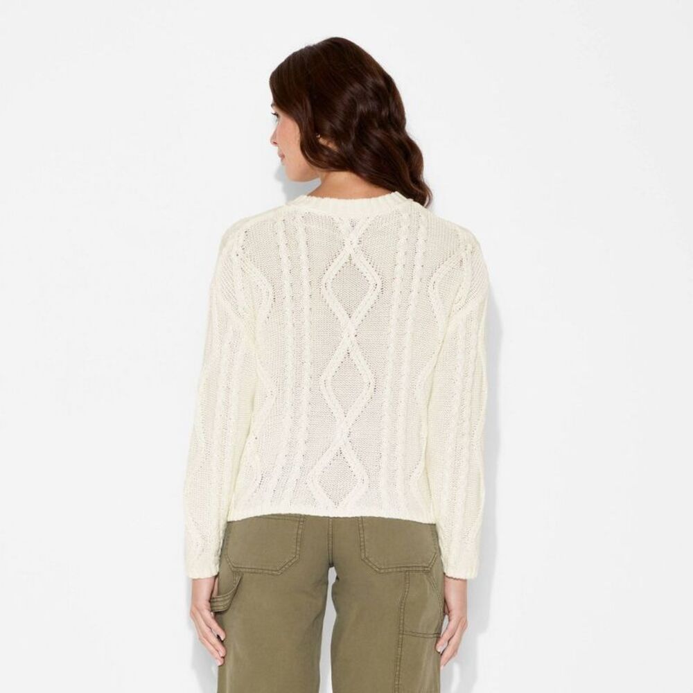 Women's Crewneck Cotton Cable Pullover Sweater - Wild Fable Cream L - Picture 3 of 3